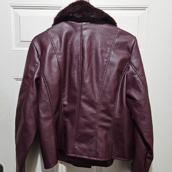 NEW Liz Claiborne Removable Faux Fur Collar Zip Coat size L Faux Leather Maroon - Picture 6 of 15